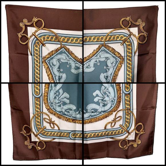 Hermes  Bride de Cour Brown, Blue, White, and Gold 100% Silk Scarf 90cm Square - Picture 2 of 16
